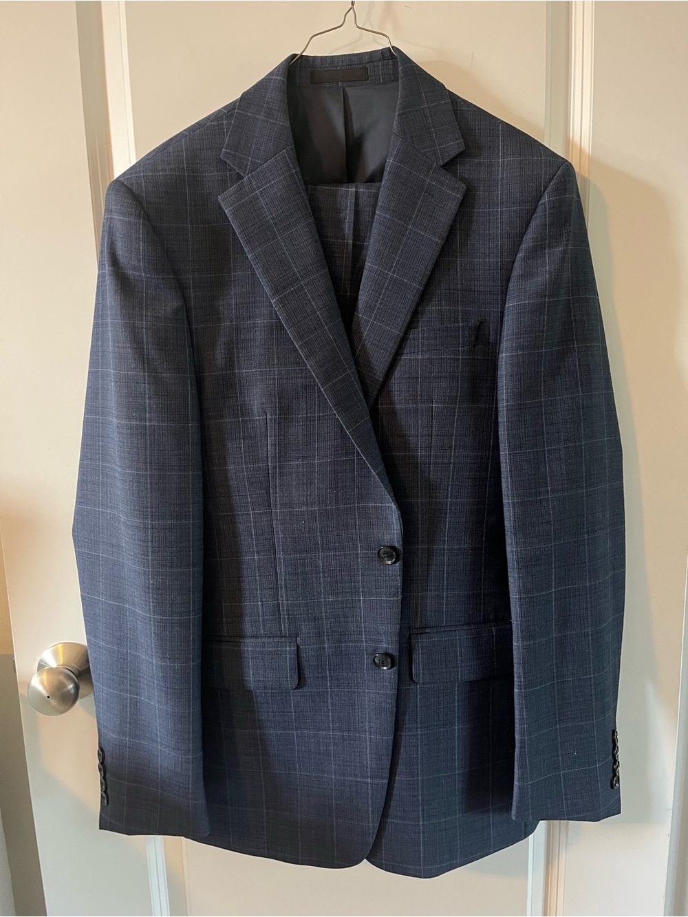 Calvin Klein Men's Dark Navy Windowpane Two-Button Two Piece Suit
